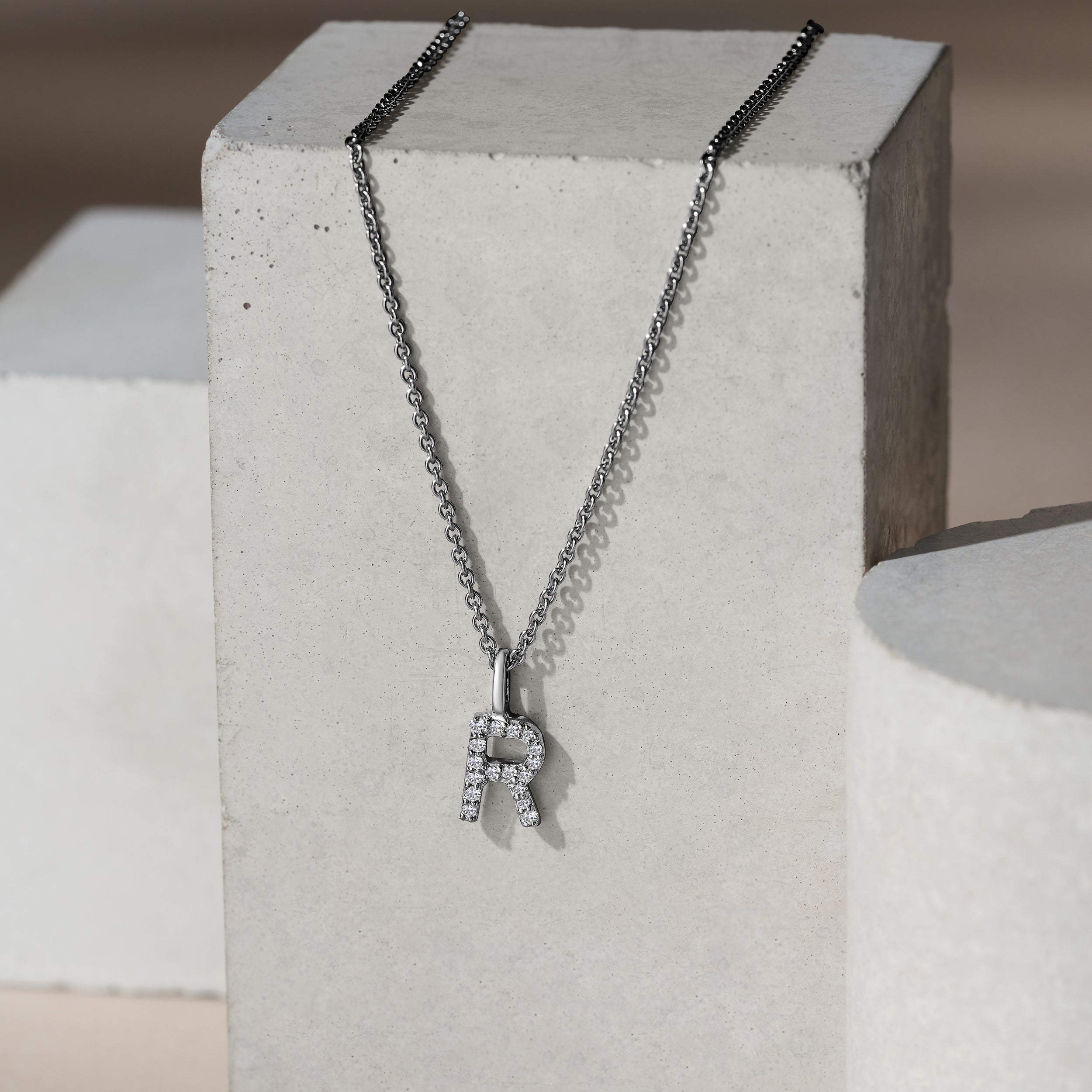 Love Letter Initial R Lab Diamond Necklace set in 9K White Gold